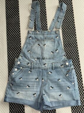Disney Parks Mickey Mouse Denim Short Overalls Womens M Blue Bib Shorts